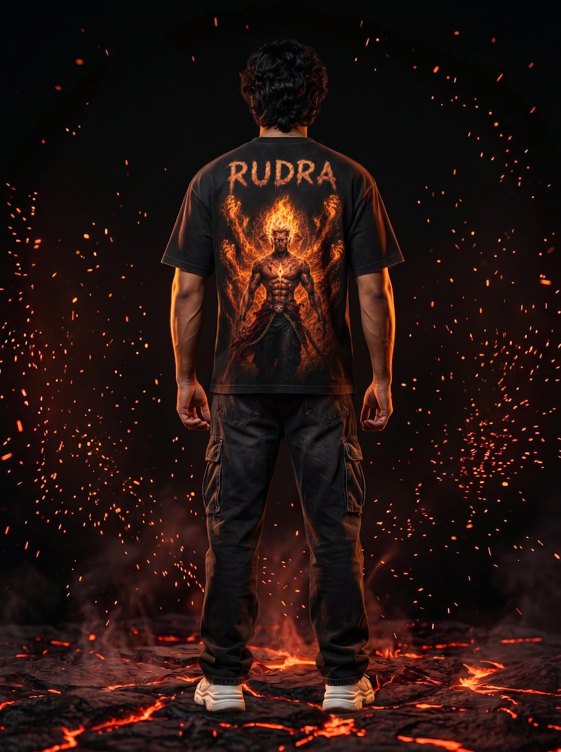 Rudra Oversized T-Shirt — Black 240 GSM Cotton Terry Back Print Graphic Tee