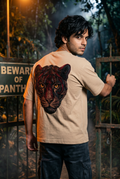 Panther Embroidered Oversized T-Shirt — Sand Beige 240 GSM Cotton Terry Back Embroidery