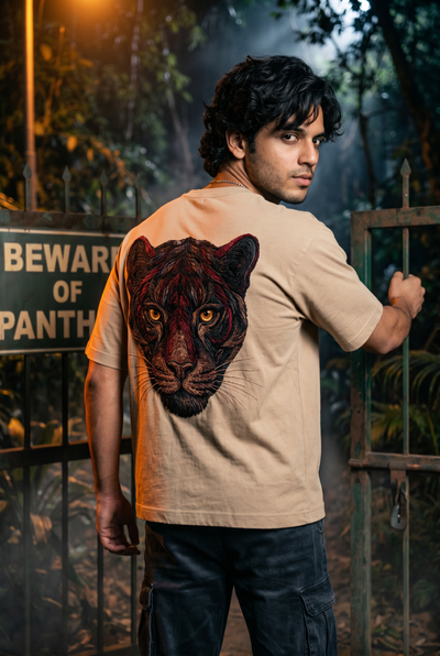 Panther Embroidered Oversized T-Shirt — Sand Beige 240 GSM Cotton Terry Back Embroidery