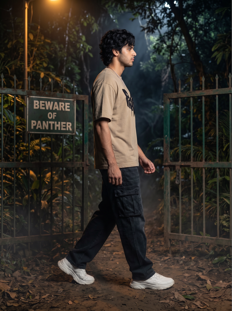 Panther Embroidered Oversized T-Shirt — Sand Beige 240 GSM Cotton Terry Back Embroidery