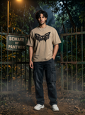 Panther Embroidered Oversized T-Shirt — Sand Beige 240 GSM Cotton Terry Back Embroidery