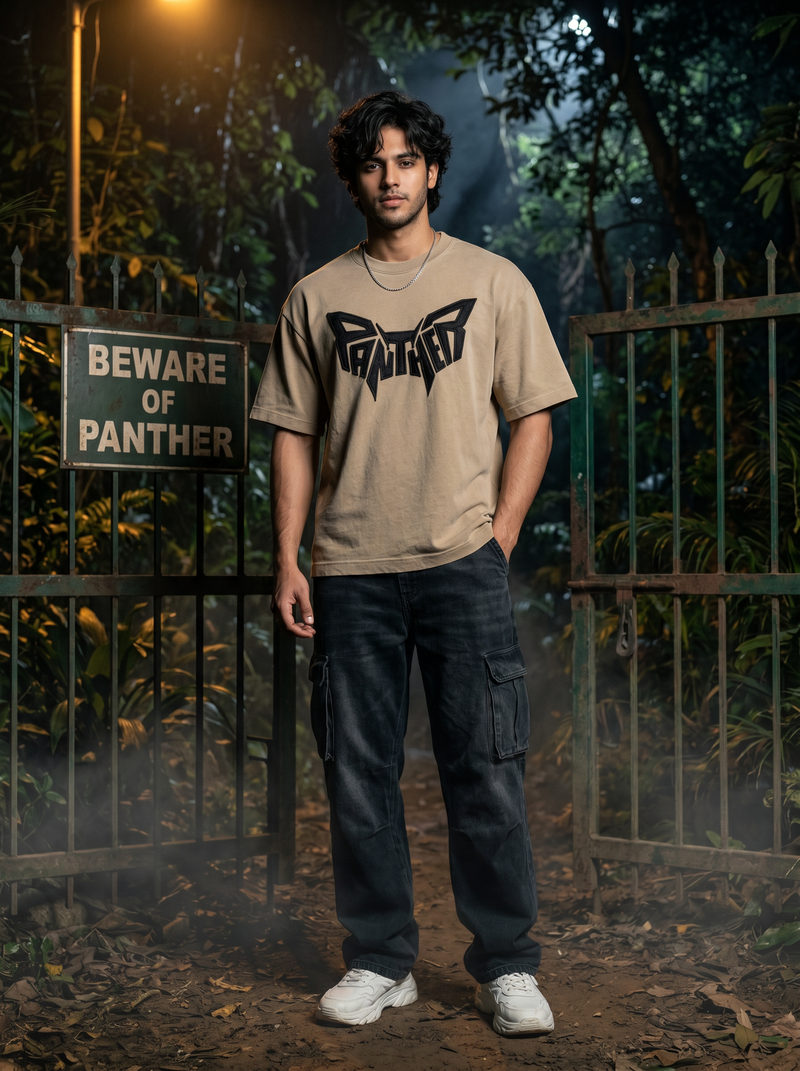 Panther Embroidered Oversized T-Shirt — Sand Beige 240 GSM Cotton Terry Back Embroidery