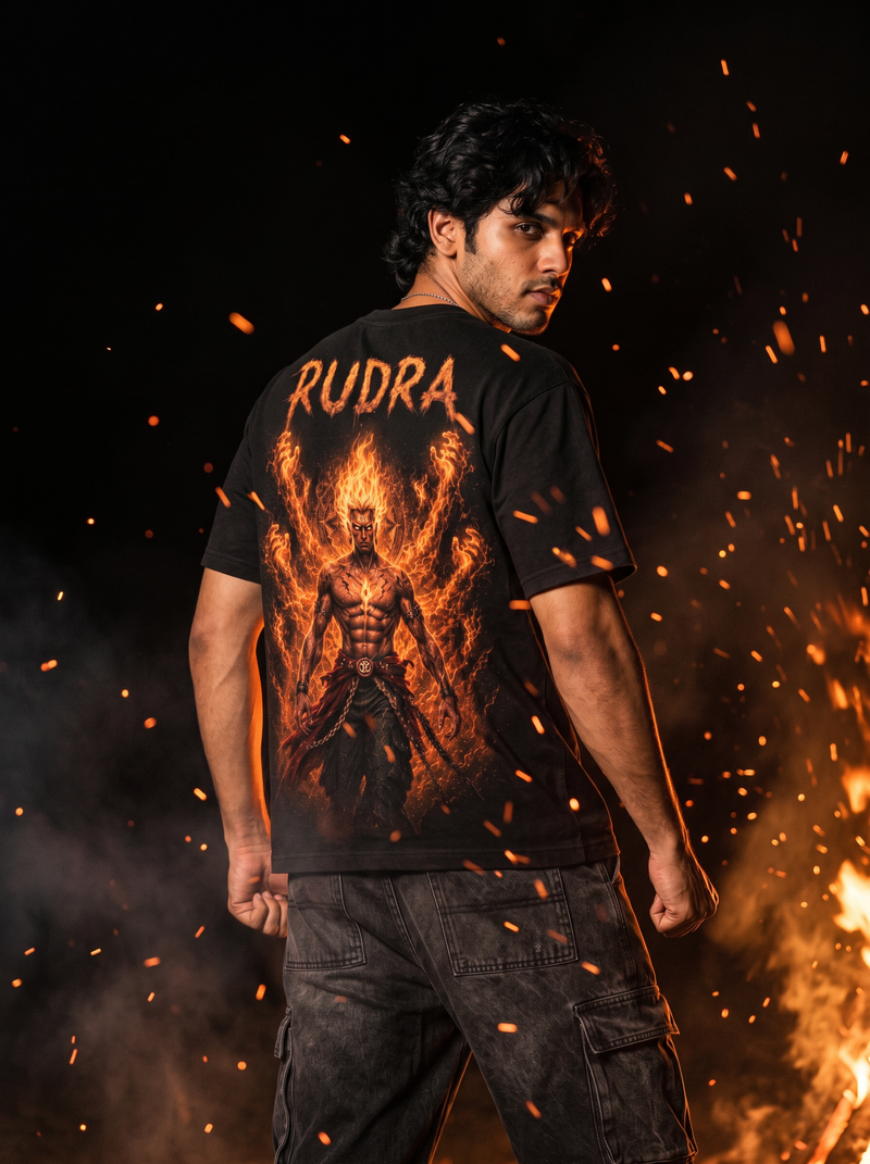 Rudra Oversized T-Shirt — Black 240 GSM Cotton Terry Back Print Graphic Tee